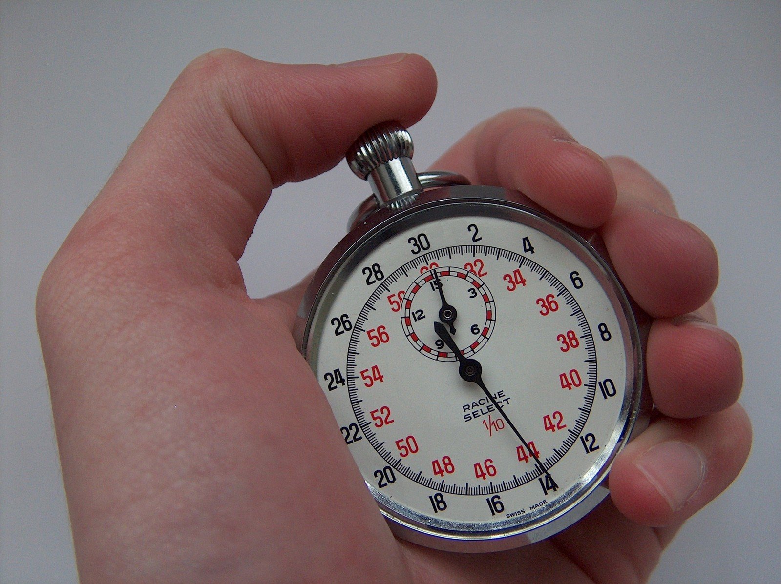 a hand holding a stopwatch that is at the 14 second mark.
