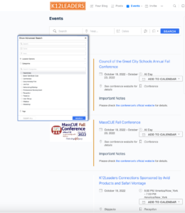 Searching for events on K12Leaders screenshot.