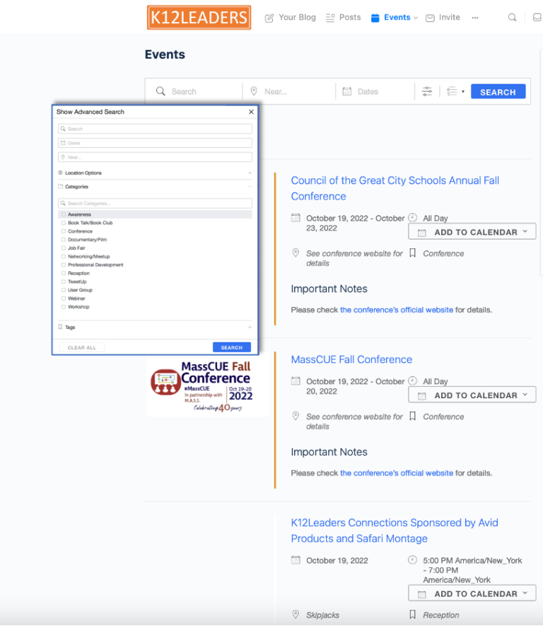 Searching for events on K12Leaders screenshot.