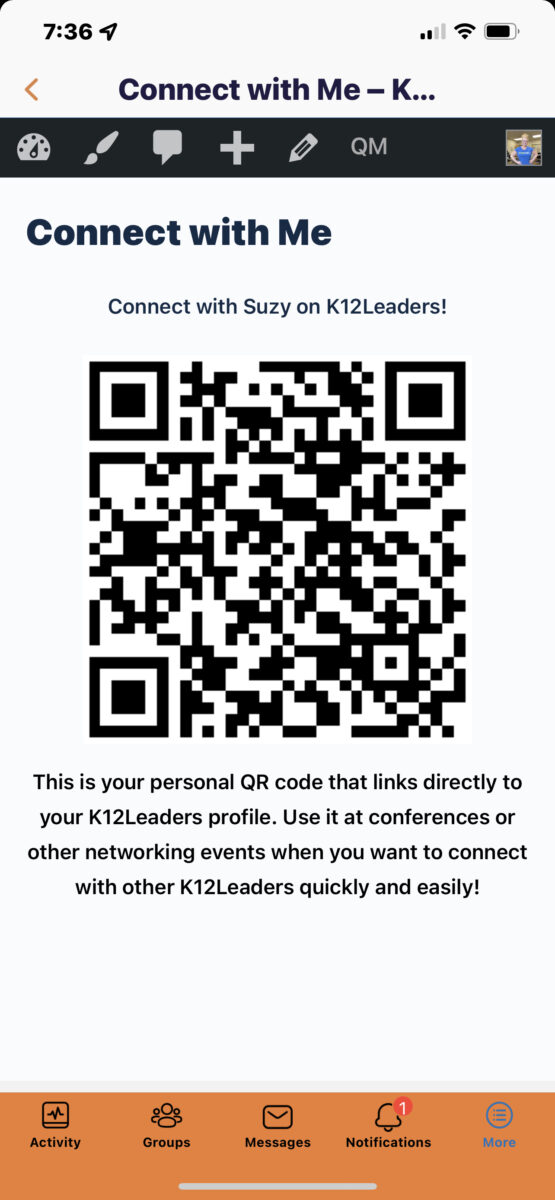 QR code that shows up in both the K12Leaders app and on the website, making it easier for members to connect in person.