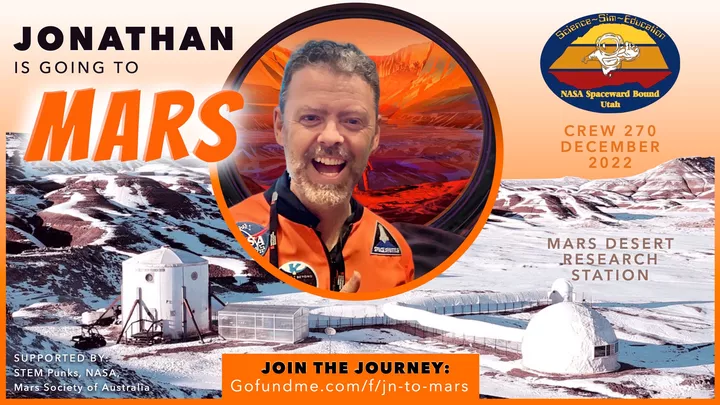 Promotional graphic showing a photo of the author as well as the details of the Mars journey. 