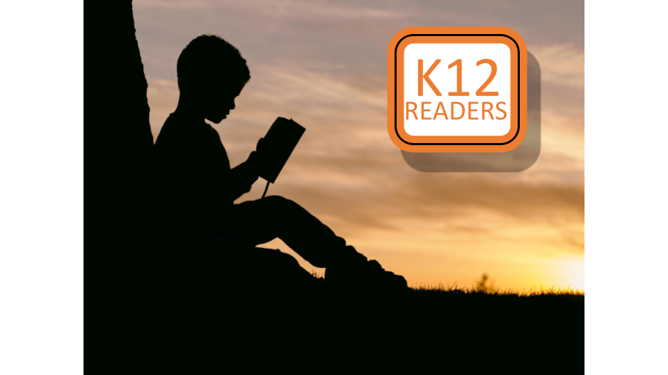 Silhouette of a child reading a book sitting in front of sunset with the K12Readers logo.