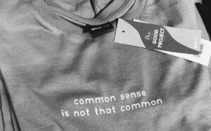 Image of a t-shirt that has the caption "common sense is not that common"