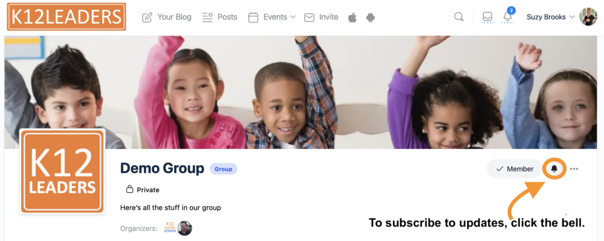 A group homepage with an arrow pointing to the bell symbol with a reminder to click on the bell to subscribe to updates.