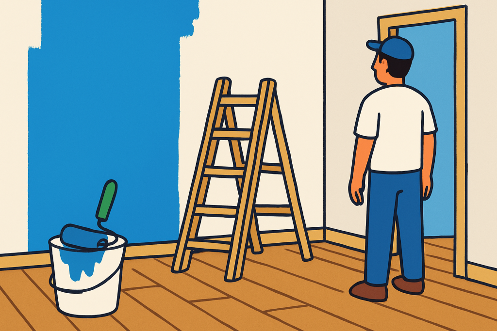 A person stands in a half-painted room beside a ladder and a bucket of paint, looking at the unfinished wall.