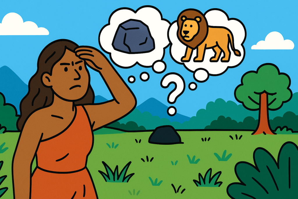 A woman in a grassy savanna raises her hand to her head, imagining in thought bubbles whether a distant shape is a harmless rock or a lion.