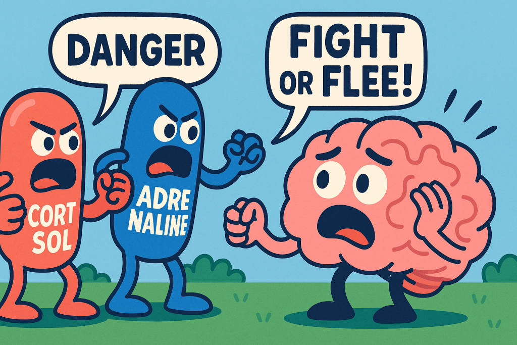 Cartoon cortisol and adrenaline pill characters angrily shout 'Danger' and 'Fight or flee!' at a frightened brain character.