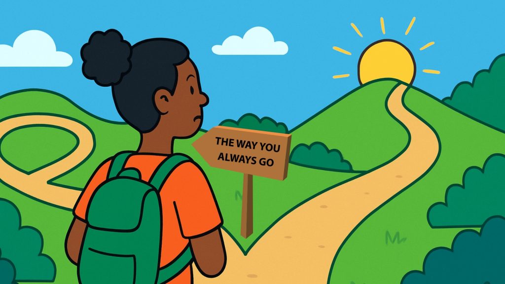 A person with a backpack pauses at a fork in the road, looking at a wooden signpost that reads 'The way you always go' as a sunlit path winds over the hills.