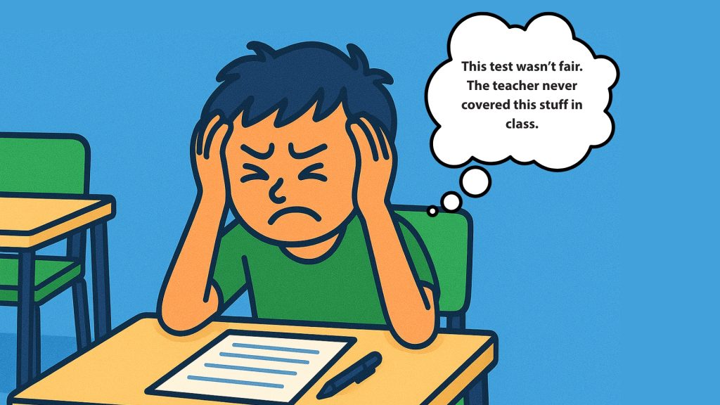 A frustrated boy sits at a school desk with a test paper, holding his head and thinking 'This test wasn't fair. The teacher never covered this stuff in class.'