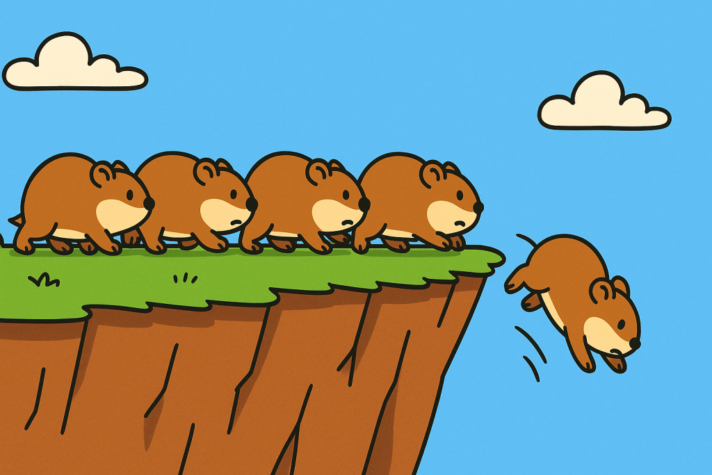 A line of cartoon lemming-like animals marches off the edge of a grassy cliff, one already tumbling into the air below.