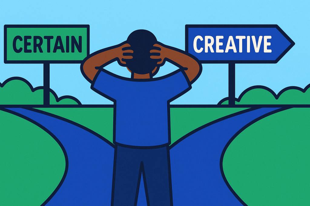 Seen from behind, a person holds their head at a forking road between two signposts, one reading 'Certain' and the other 'Creative'.