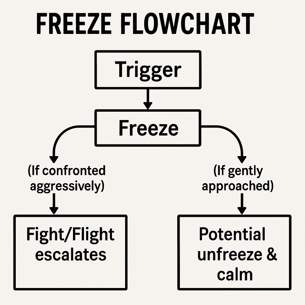 A flowchart titled Freeze Flowchart: a trigger leads to freeze, which escalates to fight or flight if confronted aggressively, or leads to potential unfreeze and calm if gently approached.