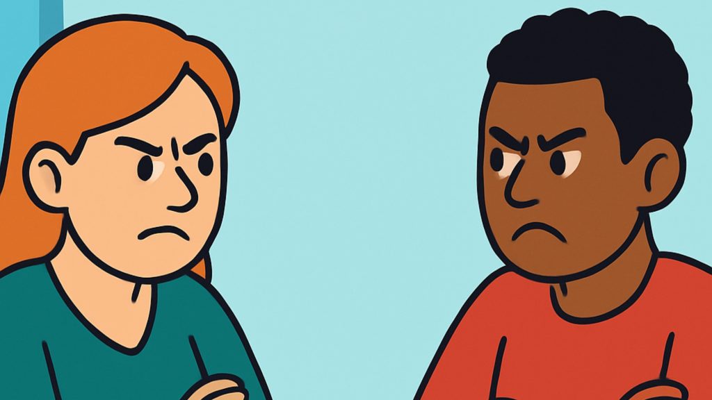 A woman and a man frown and glare at each other in tense silence.