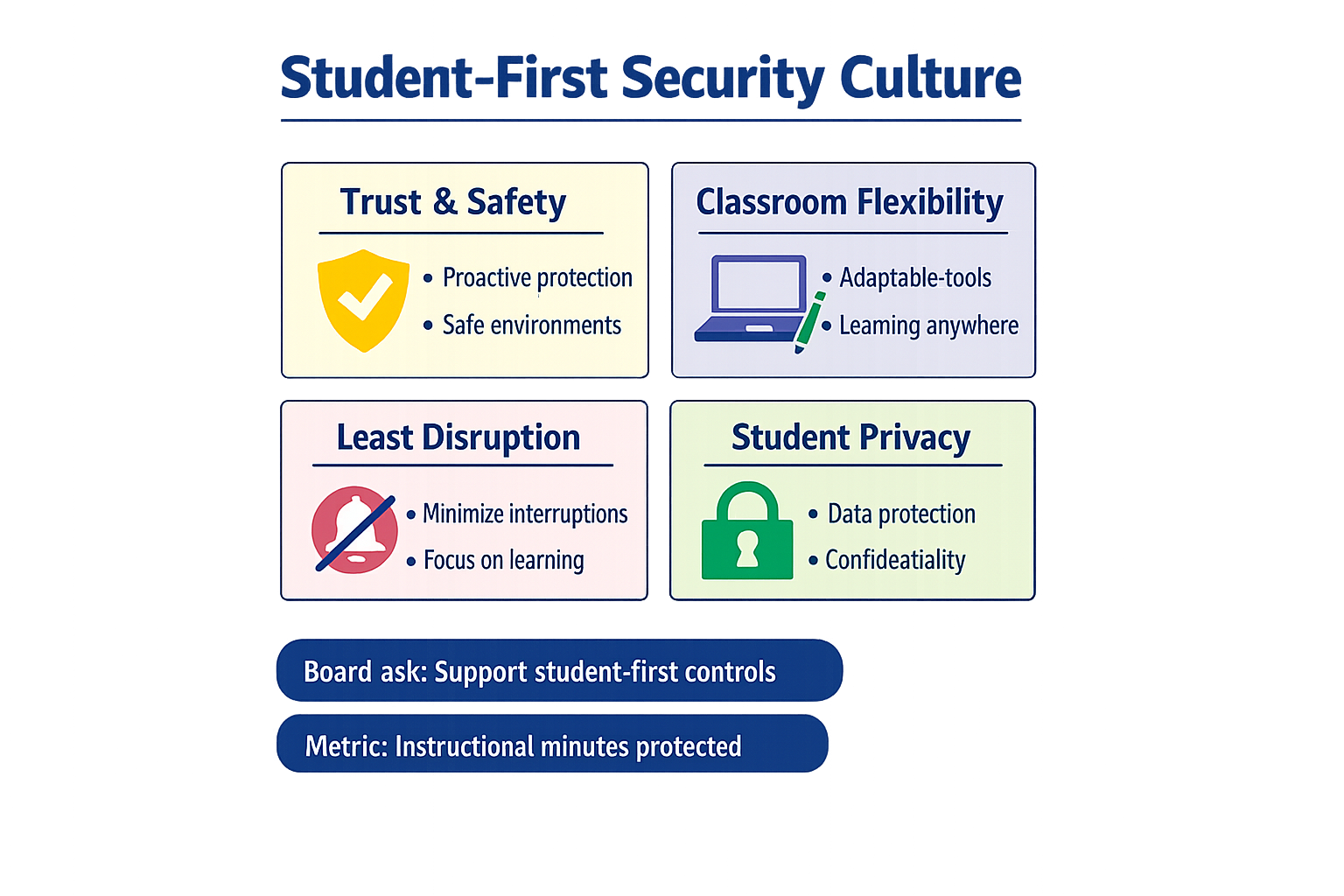 A student-first security culture balances trust, flexibility, low disruption, and privacy.